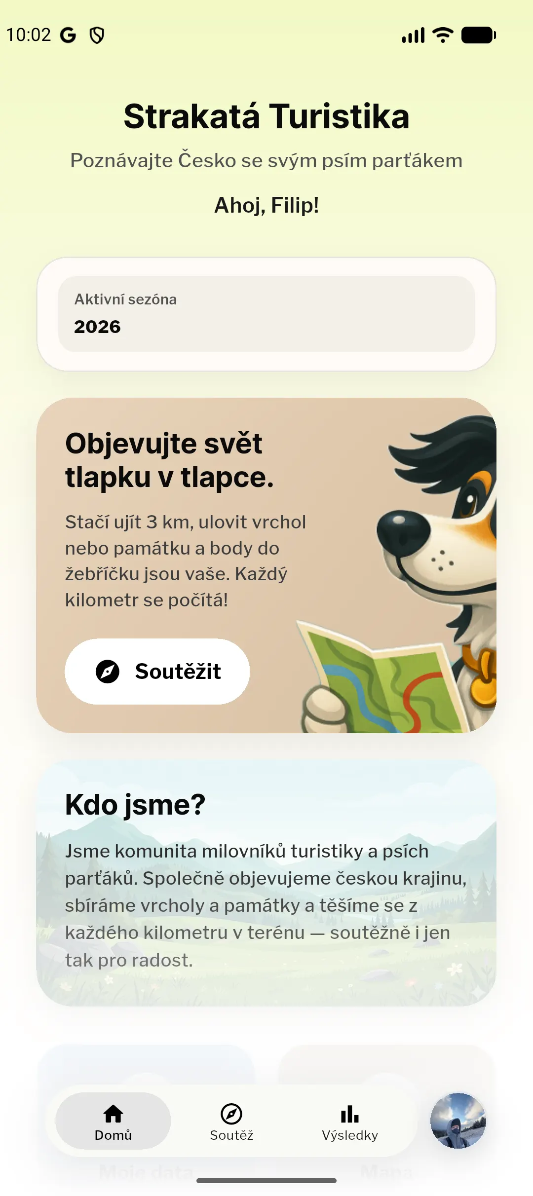 Domovská obrazovka aplikace Strakatá turistika